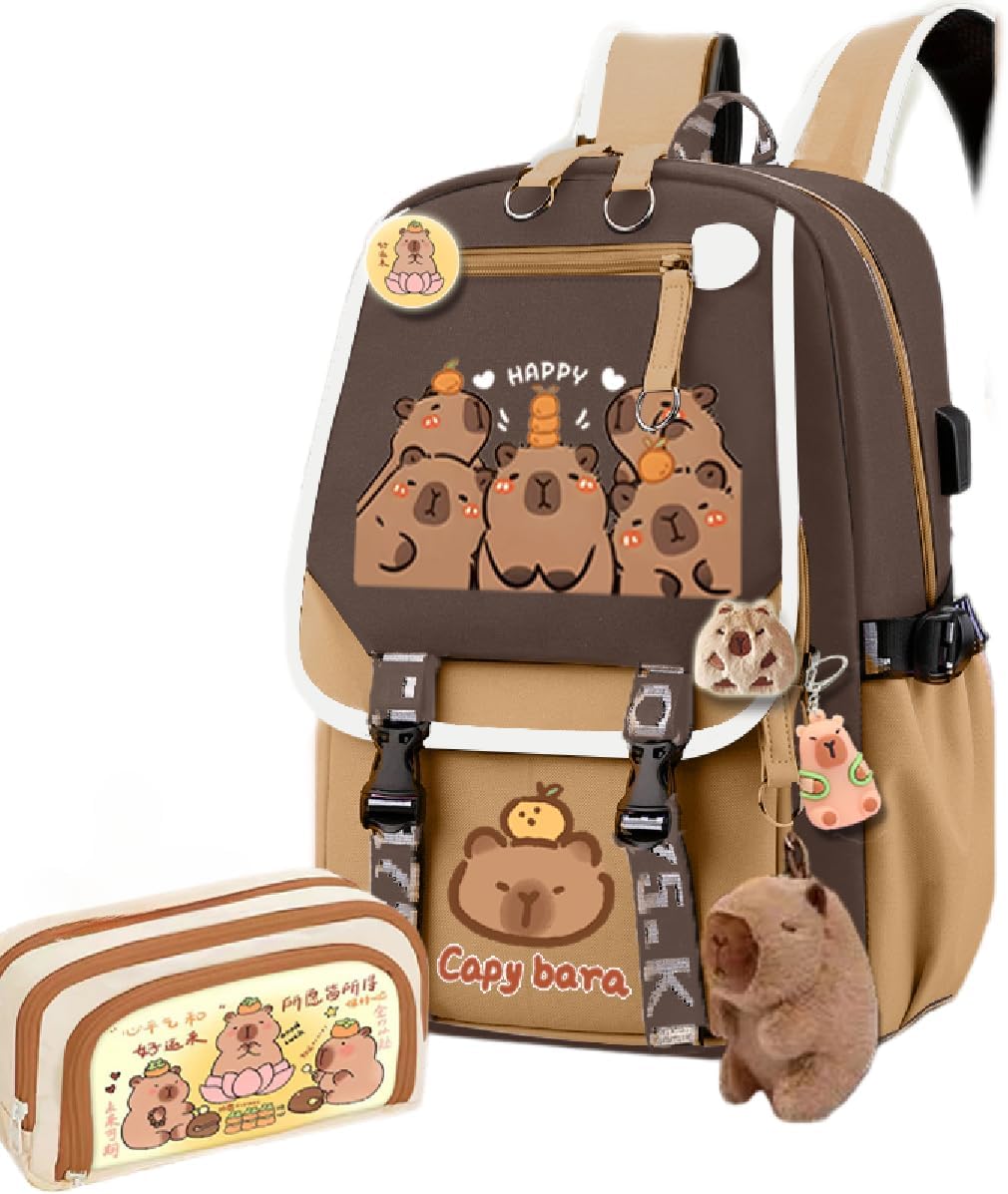 Kapibara Capybara Cartoon Backpack Gift Large Capacity Waterproof Kapibara stuff kawaii backpack with pins and Accessories (Pattern 2)
