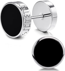 FEEL STYLE 925 Sterling Silver Viking Rune Stud Earrings for Men Women Natural Black Onyx Flat Back Stud Earrings Hypoallergenic