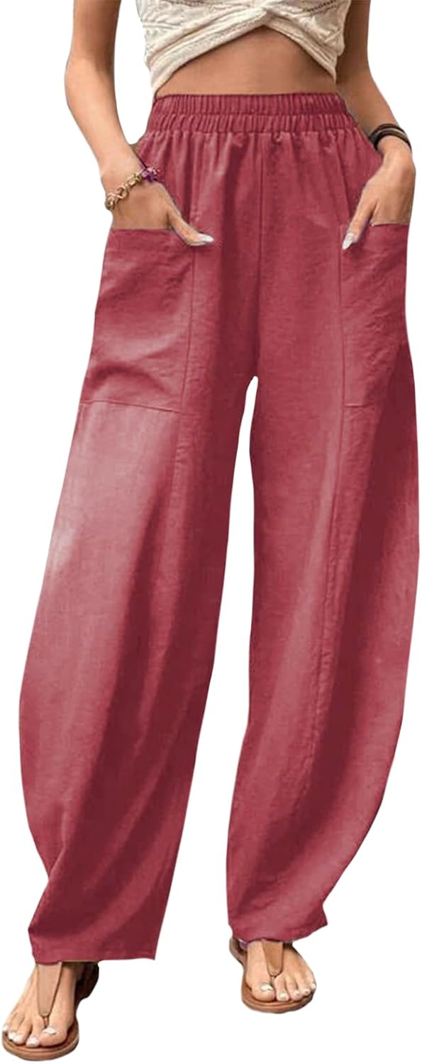 Women's 2025 High Waist Elastic Waist Trousers Casual Loose Fit Harem Pants Summer Solid Color Pant with Pockets