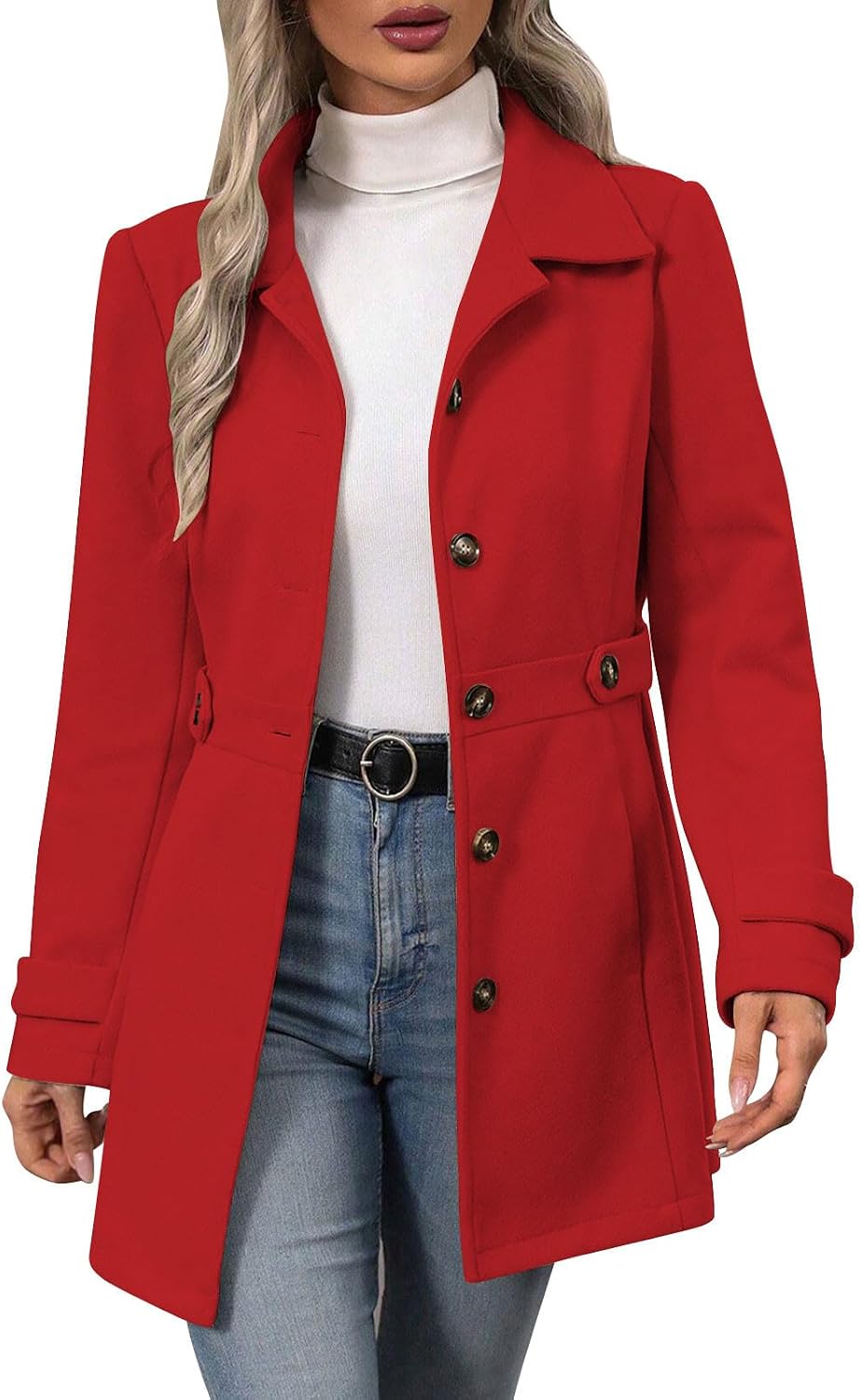 Borniu Womens Long Single Breasted Coats Lapel Collar Pea Coat Winter Slim Fit Jackets Solid Color Trench Coat Outwear