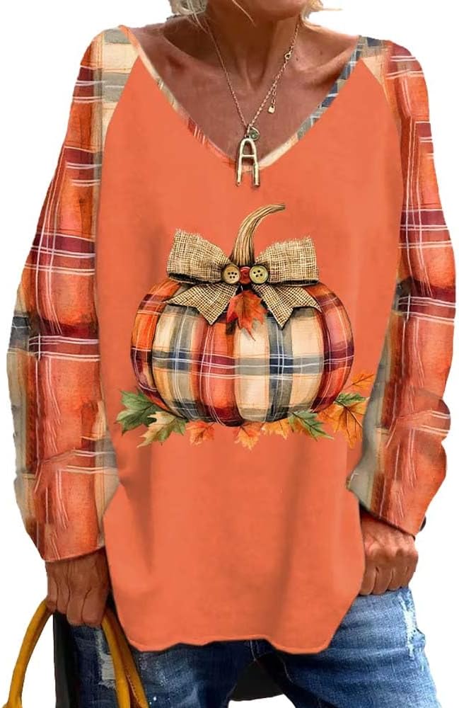 Women’s Pumpkin Season Print Casual V-Neck Loose T-Shirt Fall Shirts for Women Plaid Pumpkin Tshirt