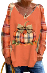 Women’s Pumpkin Season Print Casual V-Neck Loose T-Shirt Fall Shirts for Women Plaid Pumpkin Tshirt