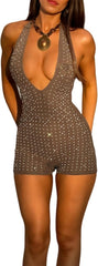 ECHOINE Women V Neck Sleeveless Romper Sequin Backless Shorts Jumpsuit Clubwear S-L