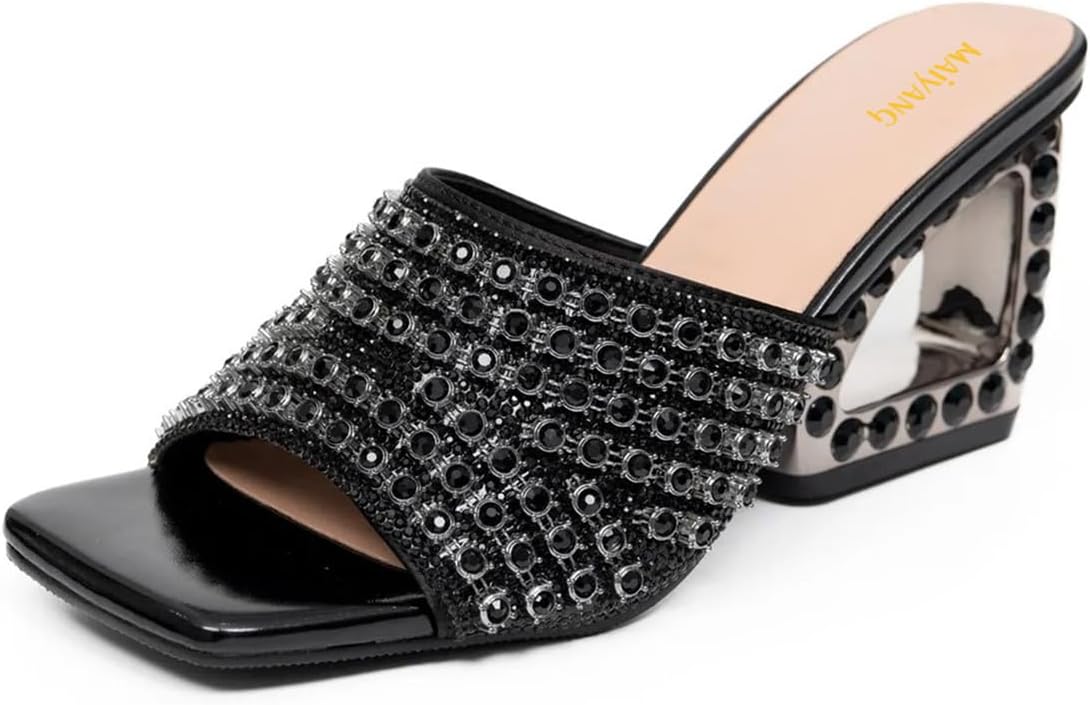 Maiyang Women Gorgeous Rhinestones Open Square Toe Mules Comfortable Slip on Special High Heel Slide Sandals for Party Club Size 4-16 US