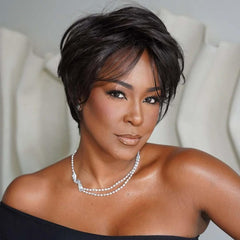 Short Curly Pixie Cut Wigs with Bangs Human Hair for Black Women Non Lace Full Machine Made Rose Net Cap Human Hair Pixie Wig Brazilian Virgin Glueless Bob Wig Human Hair Short Layered Wigs For Women