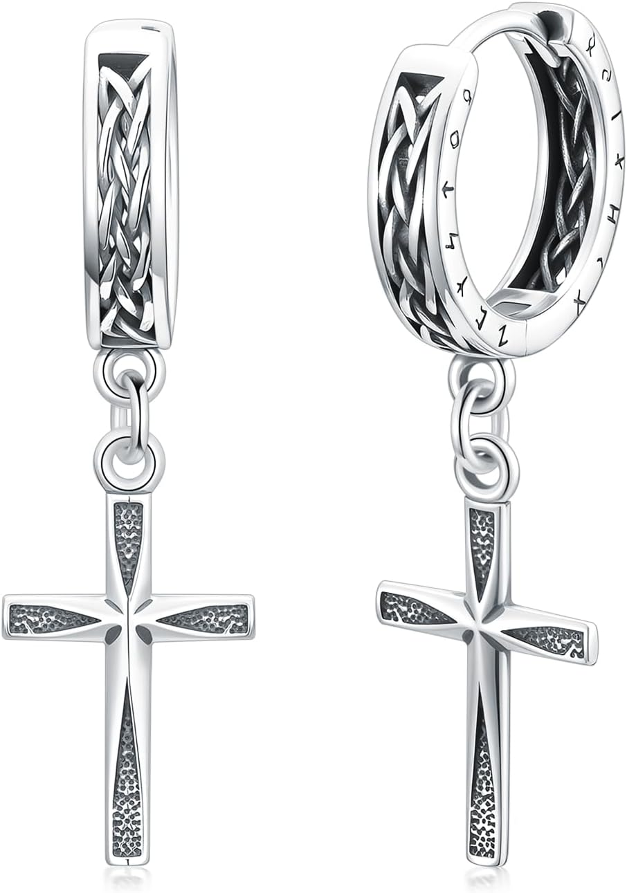 ROMANTIC WORK Cross Earrings 925 Sterling Silver Celtic Cross Hoop Dangle Earrings Birthday Christmas Jewelry for Men Women