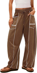 Womens Baggy Wide Leg Harem Pants Casual Summer Y2K Palazzo Pant Drawstring Elastic Waist Lounge Trouser with Pockets