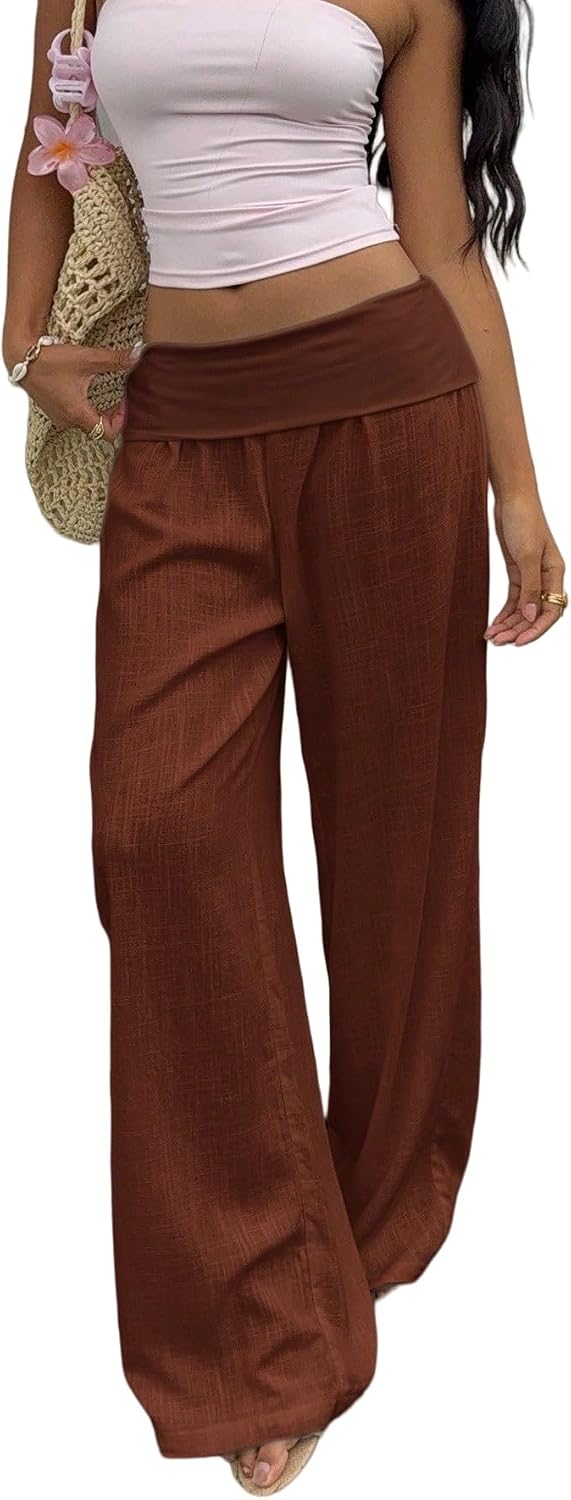 Womens Casual Pants Linen Elastic Waistband Low Waist Wide Leg Loose Summer Trousers with Pockets