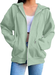 Zip Up Hoodies for Women Casual Solid Color Long Sleeve Hooded Sweatshirts Fall Winter Fashion Jacket Coat
