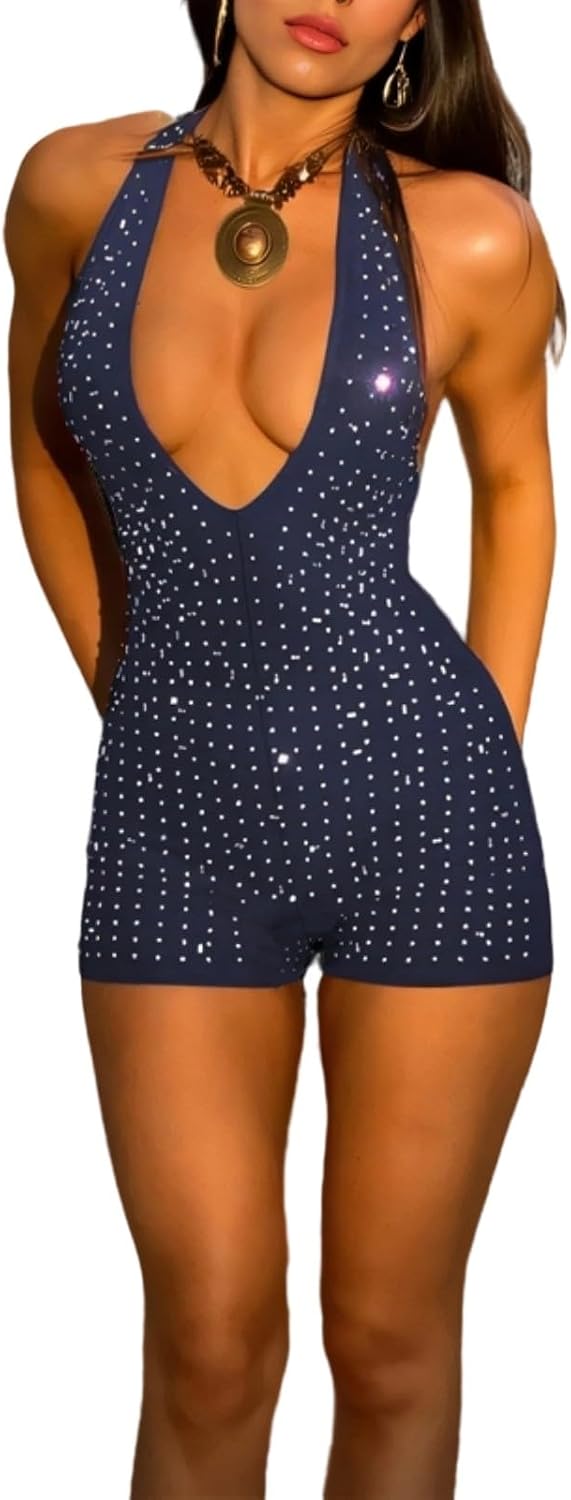 ECHOINE Women V Neck Sleeveless Romper Sequin Backless Shorts Jumpsuit Clubwear S-L