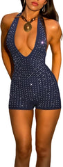ECHOINE Women V Neck Sleeveless Romper Sequin Backless Shorts Jumpsuit Clubwear S-L