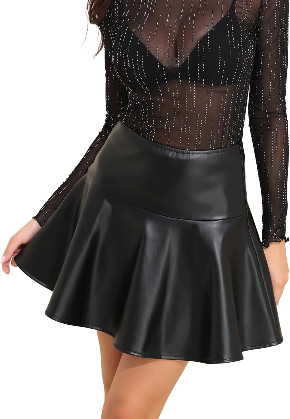 YYA Women's Black Pleated Mini Leather Skirt - High Waist Stretchy Leather Short Skirt for Women Casual & Party Wear S-XXL