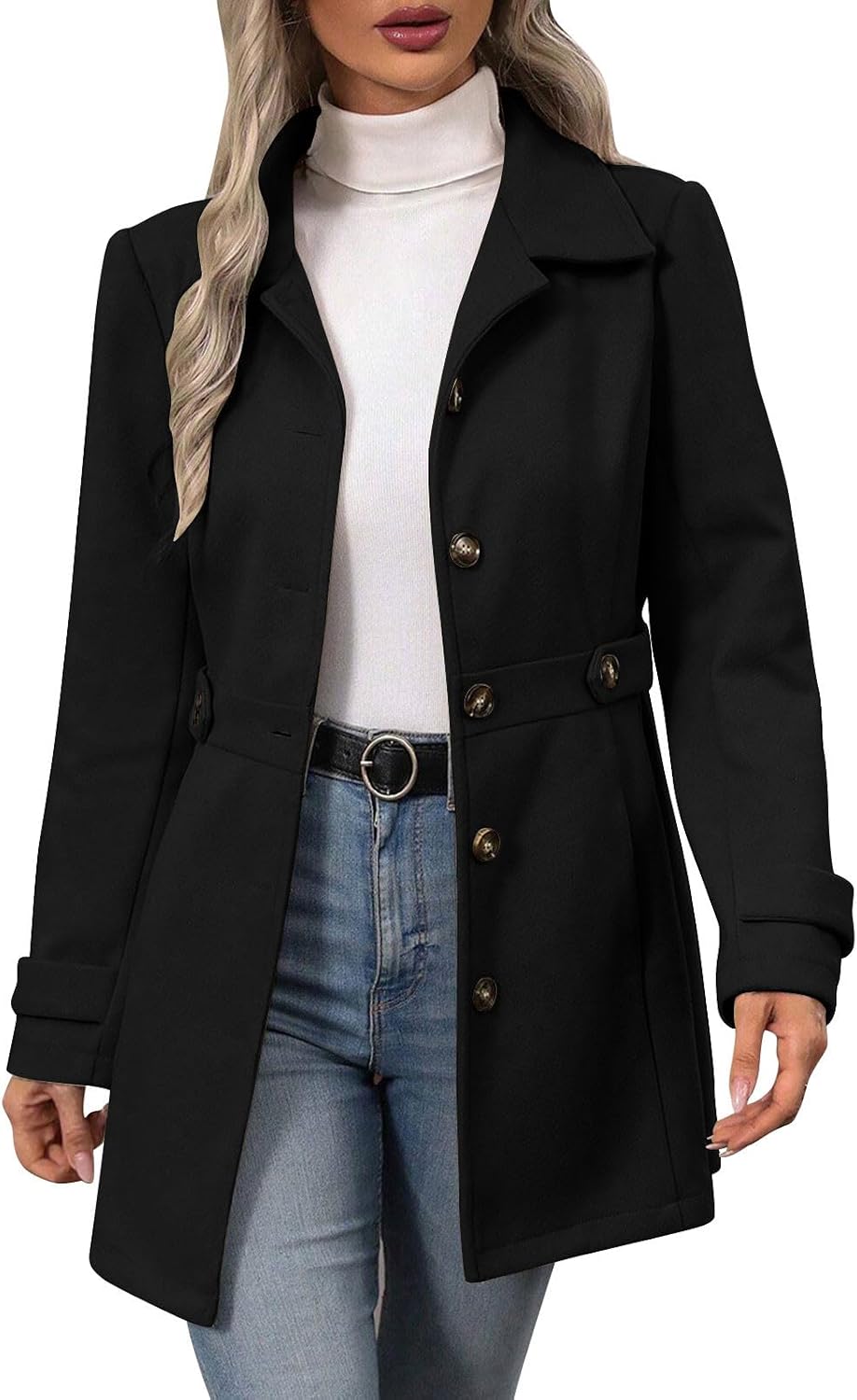 Borniu Womens Long Single Breasted Coats Lapel Collar Pea Coat Winter Slim Fit Jackets Solid Color Trench Coat Outwear