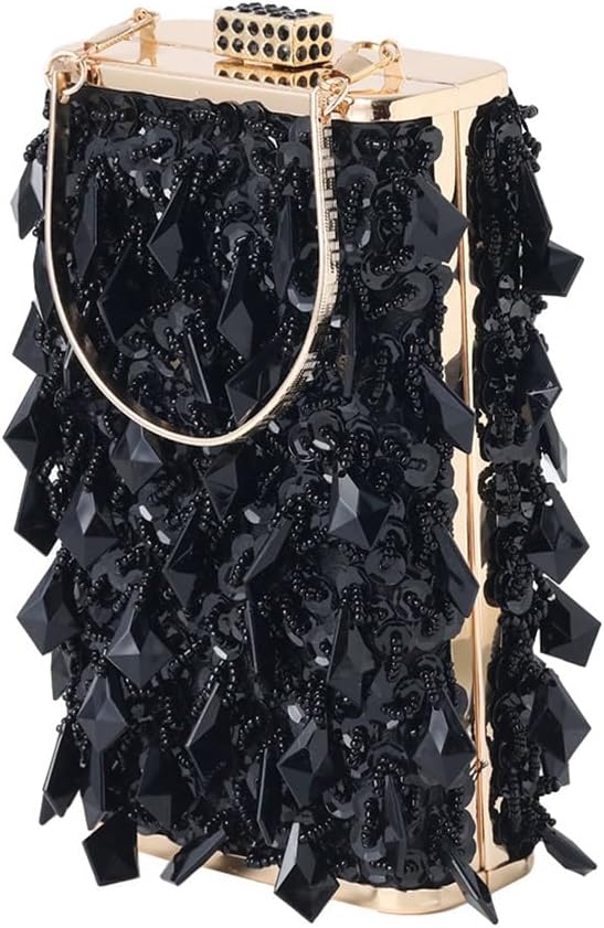 Women's Beaded Dinner Bag Handheld Bag Hard Box Small Square Bag Women's Dress Bag(D)