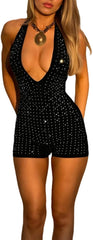 ECHOINE Women V Neck Sleeveless Romper Sequin Backless Shorts Jumpsuit Clubwear S-L