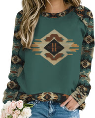 Crewneck Sweatshirts for Women Western Ethnic Style Long Sleeve Pullover Tops Aztec Print Fall Winter Sweatshirt