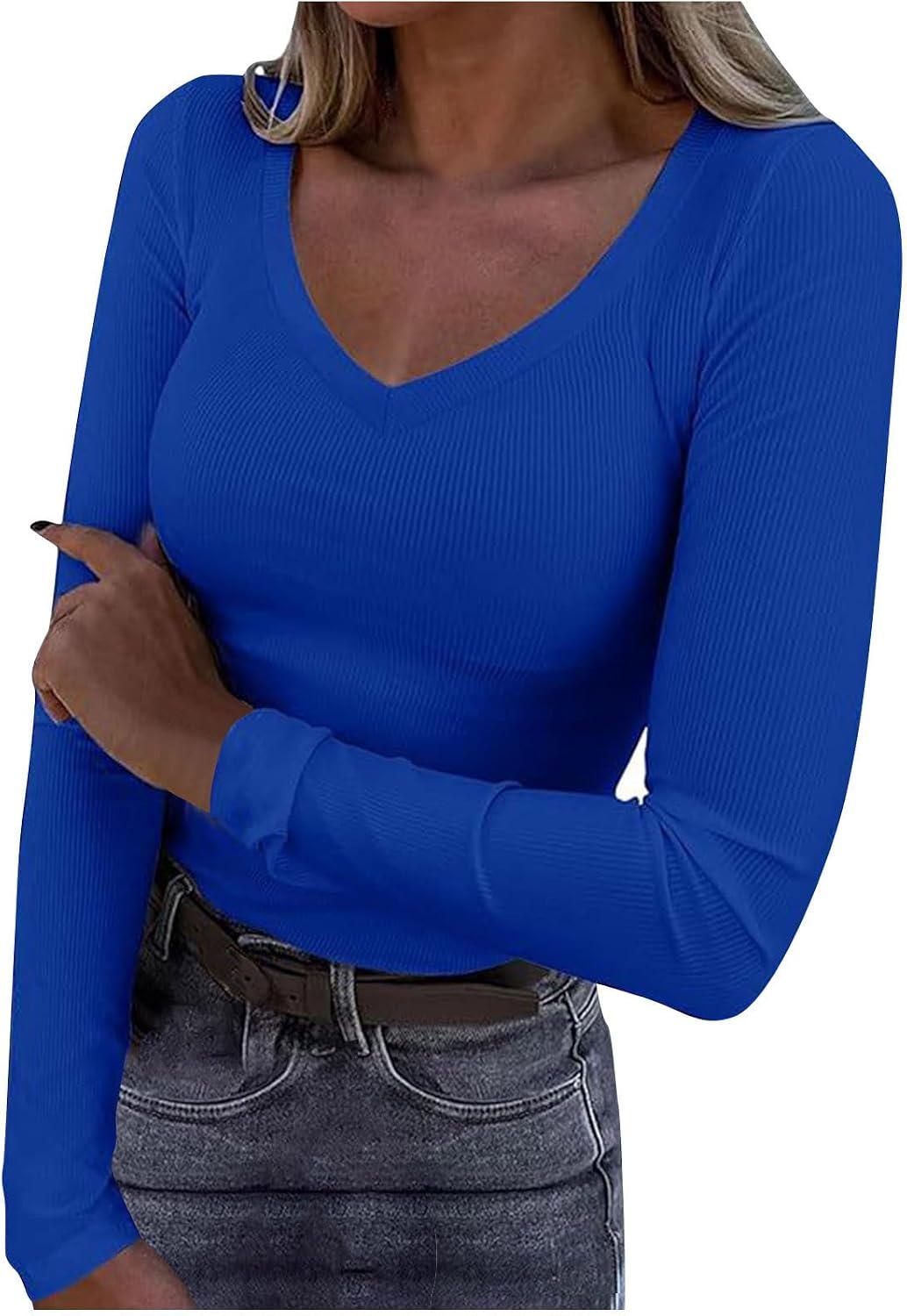 Womens Long Sleeve V Neck Ribbed Knit Fitted Casual Tops Tee Slim Basic Shirt 2025 Spring And Summer Fashion Sweatpants