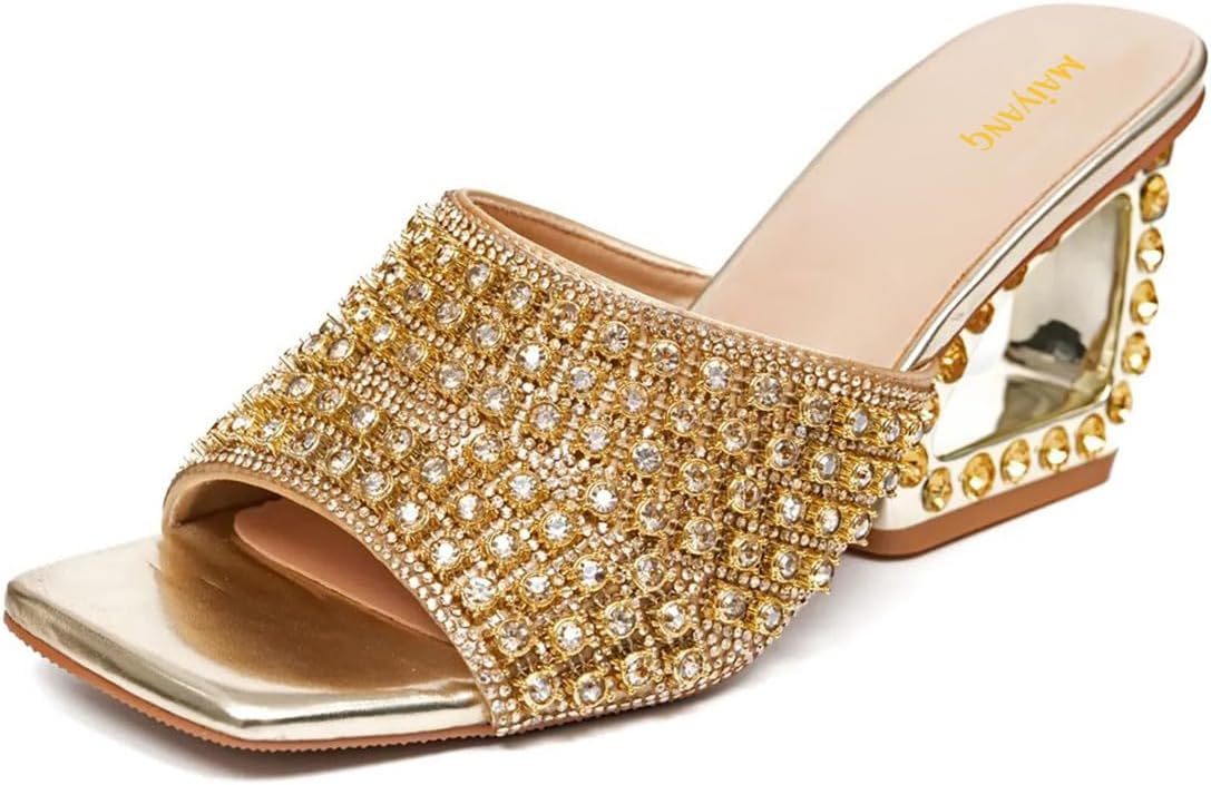 Maiyang Women Gorgeous Rhinestones Open Square Toe Mules Comfortable Slip on Special High Heel Slide Sandals for Party Club Size 4-16 US