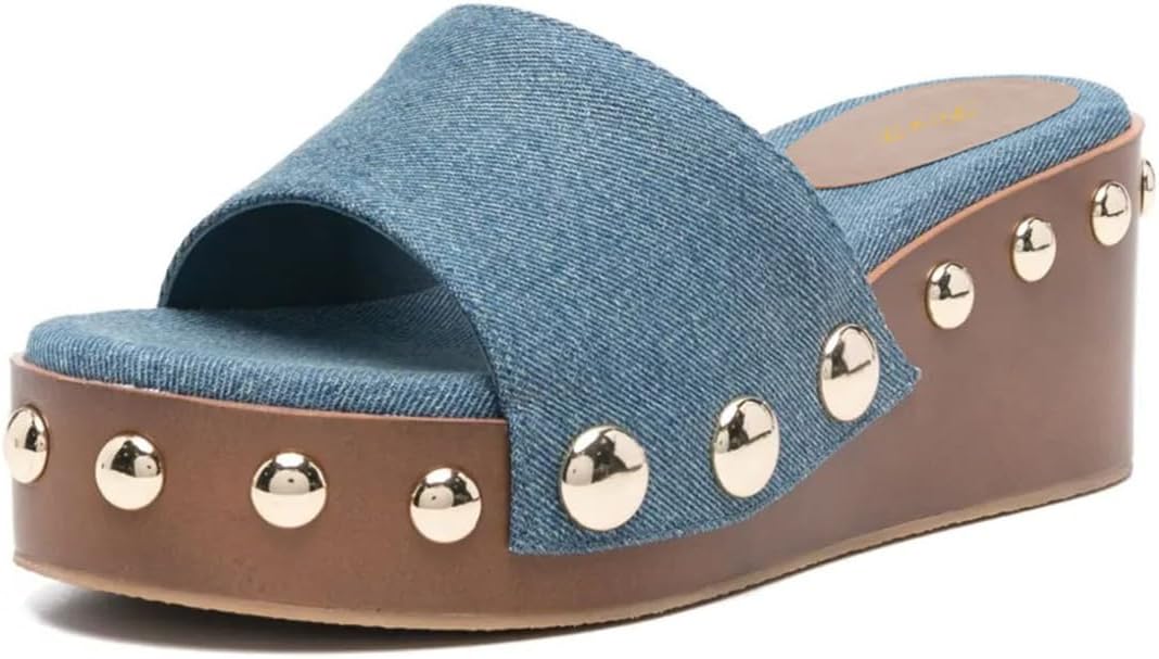 FOWT Women Round Open Toe Mules Slip on Platform Mid Heel Wedges Rivet Studded Stylish Indoor Outfit Shoes Size 4-16 US