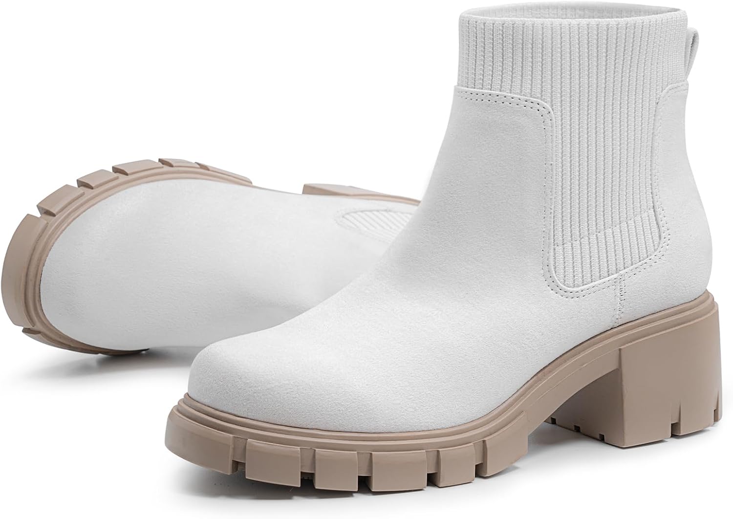 FITORY Womens Chelsea Boots, Elastic Ankle Booties with Chunky Mid Heel and Lug Sole, Comfy Trendy Slip on Shoes for Fall and Winter Size 6-11