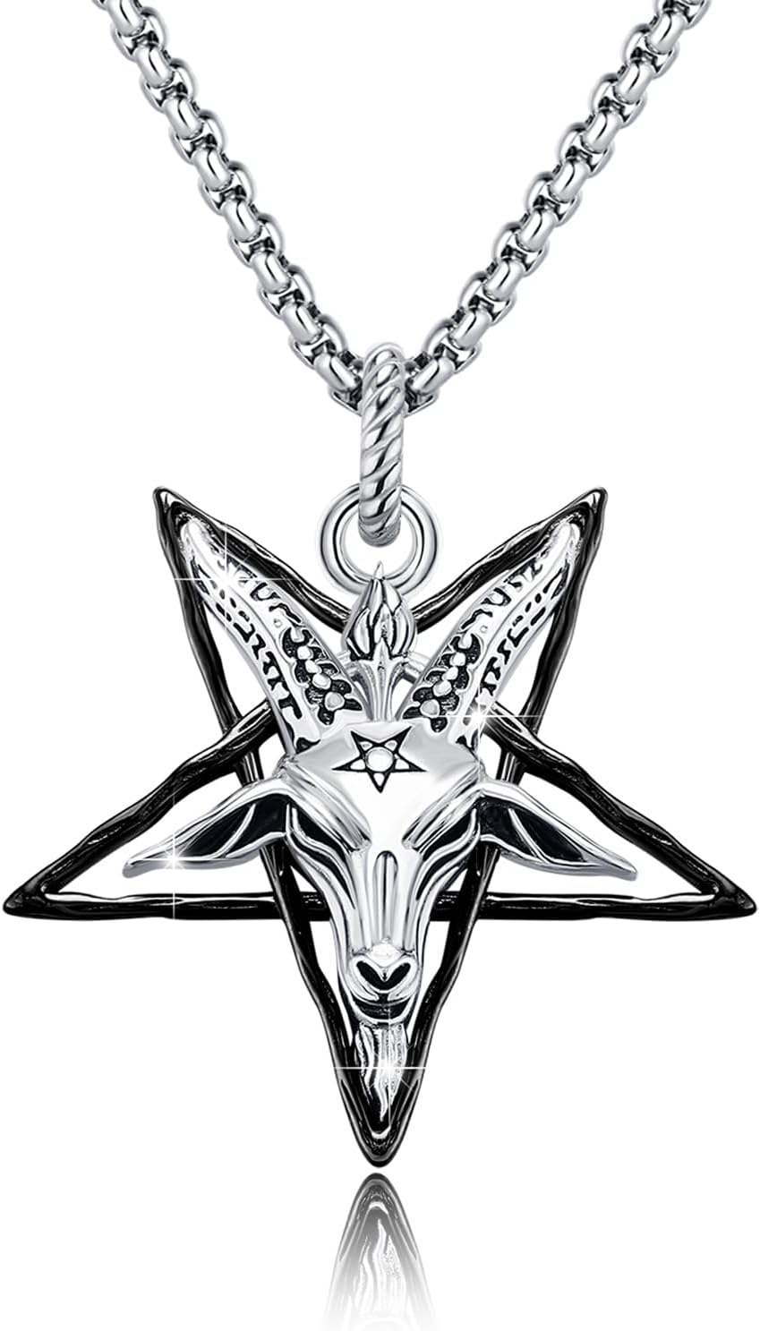 Sigil of Baphomet Pendant Inverted Pentagram Necklace 925 Sterling Silver Satanic Baphomet Goat Cow Skull Necklace for Men Gift Birthday Jewelry
