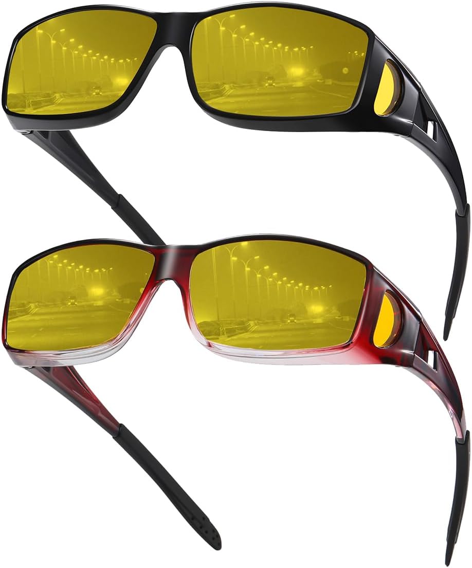EYGIFT Night Vision Driving Glasses Fit Over Sunglasses for Men Women Wrap Around Anti Glare Nighttime HD Yellow Lens