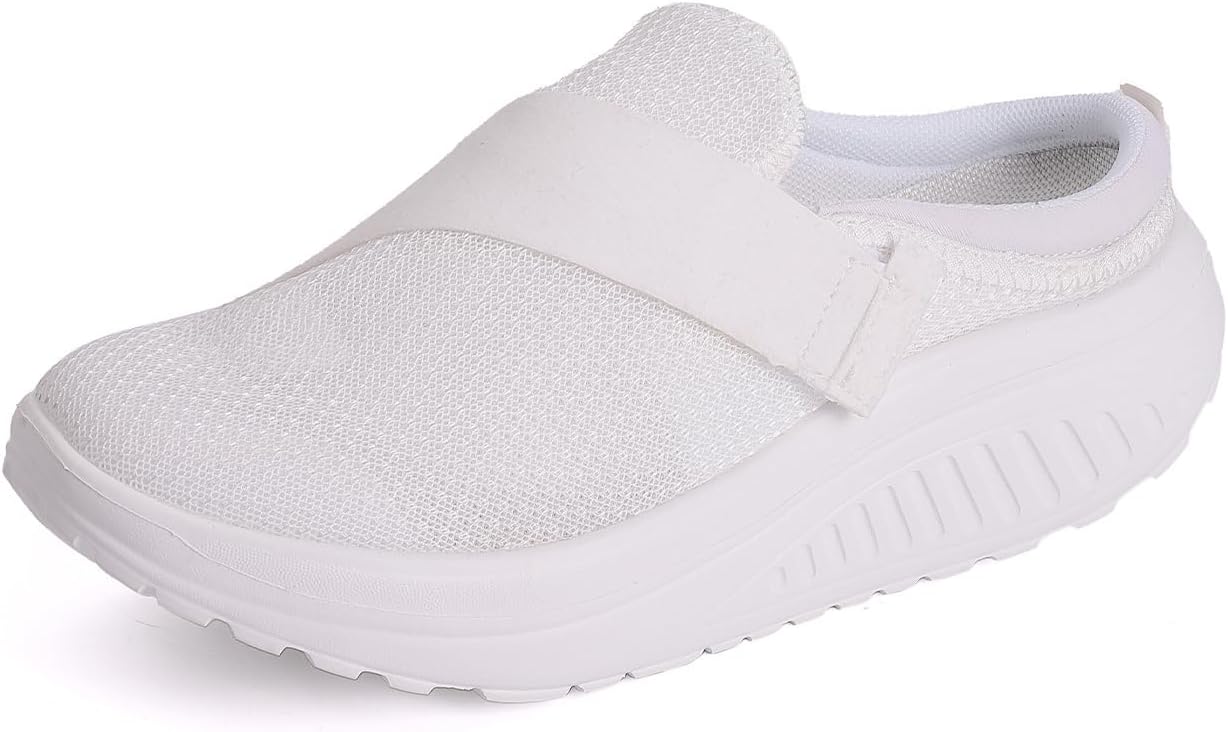 Women's Knit Platform Mules with Hook Loop Casual Lightweight Closed Round Toe Breathable Slip On Orthopedic Clogs Comfortable Arch Support Sports Walking Shoes