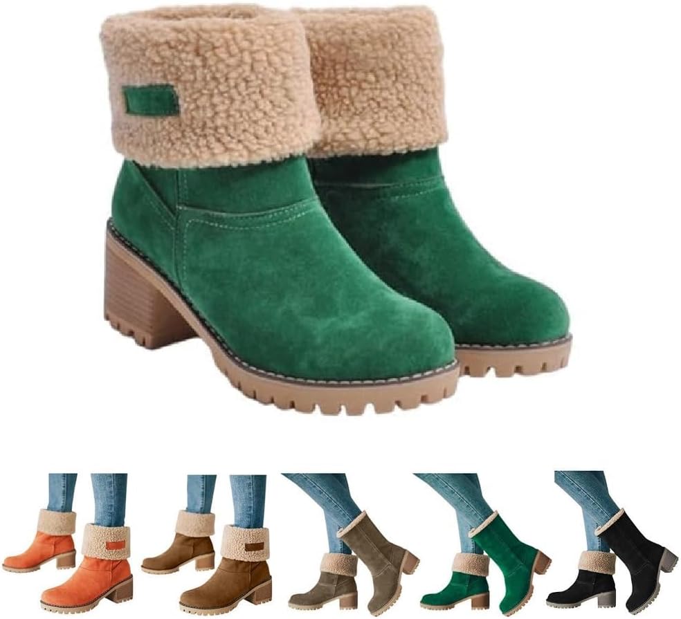 Winter Boots For Women 2025,Chunky Mid Heel Round Toe Fleece Lined Mid Calf Booties Comfortable Fashion Suede Warm Ankle Fur Lined Outdoor Winter Boots Shoes