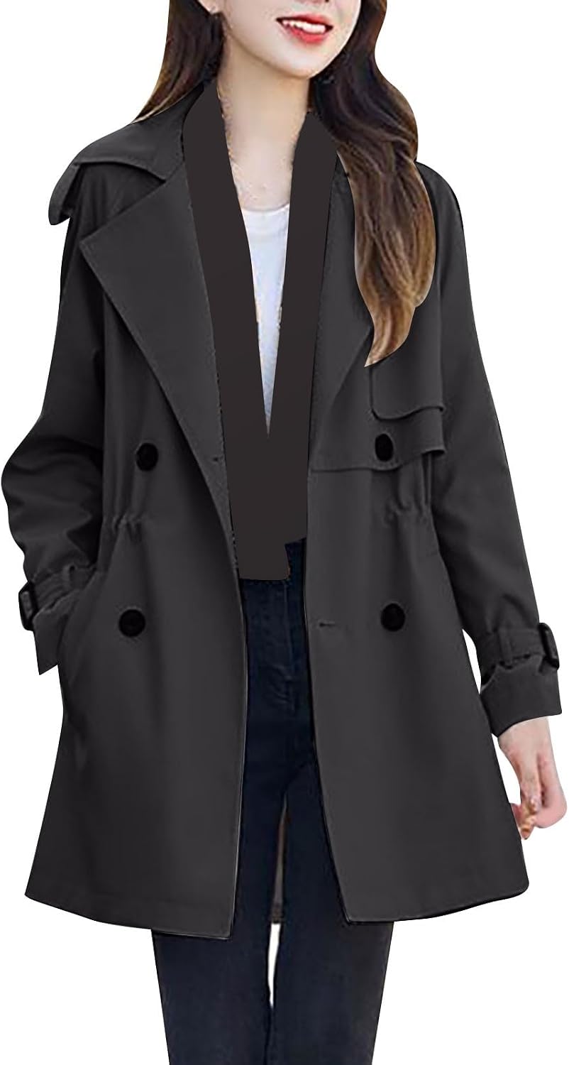 Women's Fall Casual Trench Coat Long Double Breasted Windbreaker Classic Belted Lapel Overcoat Midi Long Trench Coat