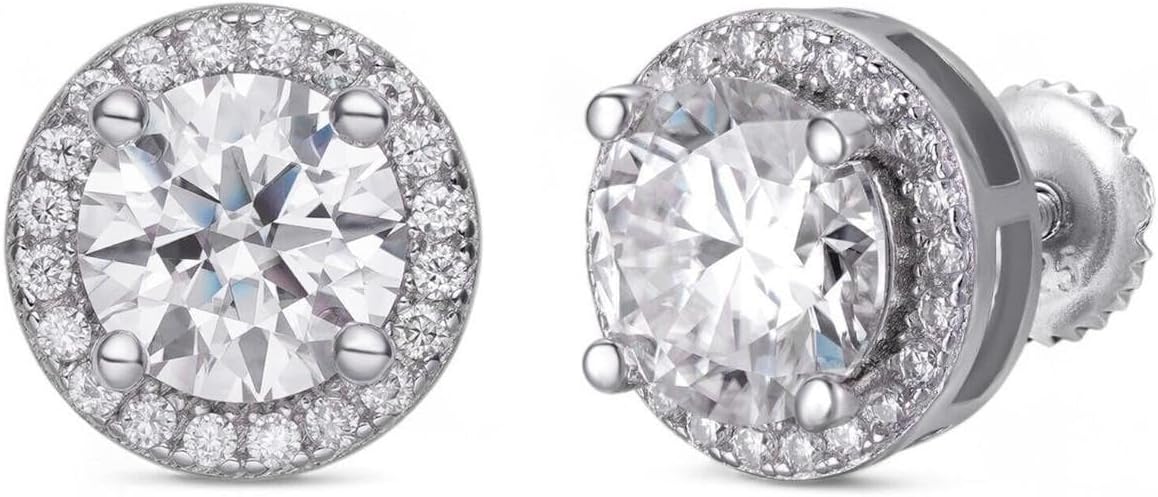 Moissanite Halo Stud Earrings – 925 Silver Iced Out Screw Backs | 7mm–12mm VVS1 D Color, Pass Diamond Tester, GRA Certified | Hip Hop Men’s Earrings