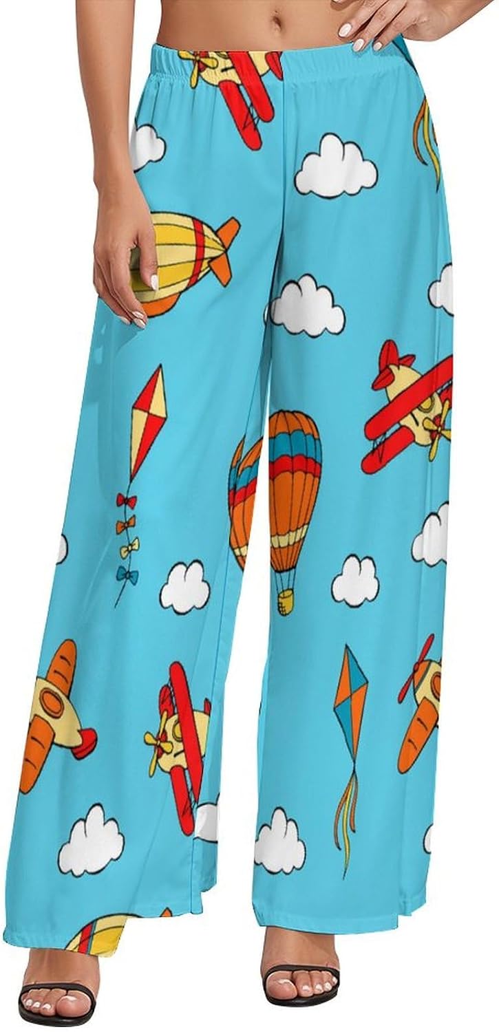 Flying Airplane Balloon Wide Leg Pants for Women Elastic High Waisted Womens Casual Palazzo Lounge Pants