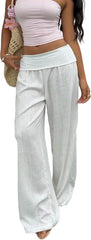 Womens Casual Pants Linen Elastic Waistband Low Waist Wide Leg Loose Summer Trousers with Pockets