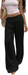 Womens Casual Pants Linen Elastic Waistband Low Waist Wide Leg Loose Summer Trousers with Pockets