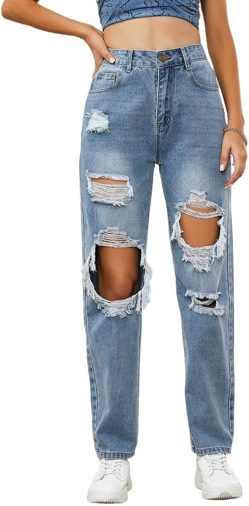 Women's Ripped Boyfriend Jeans High Waisted Casual Loose Distressed Straight Leg Denim Pants
