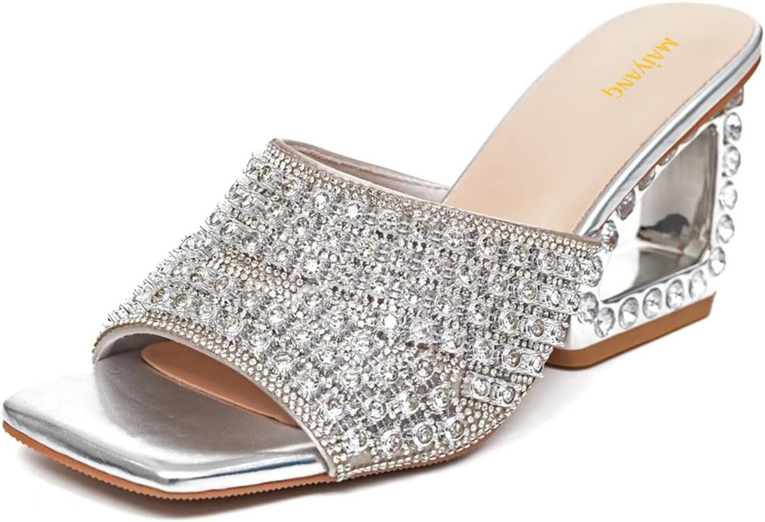 Maiyang Women Gorgeous Rhinestones Open Square Toe Mules Comfortable Slip on Special High Heel Slide Sandals for Party Club Size 4-16 US