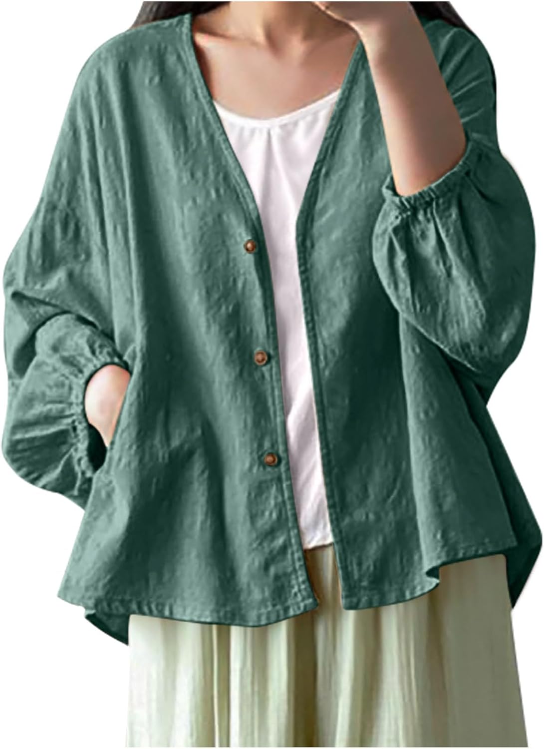 HGps8w Womens Casual Cotton Linen Cardigan Loose Lantern Long Sleeve Lightweight Summer Open Front Jackets with Pockets