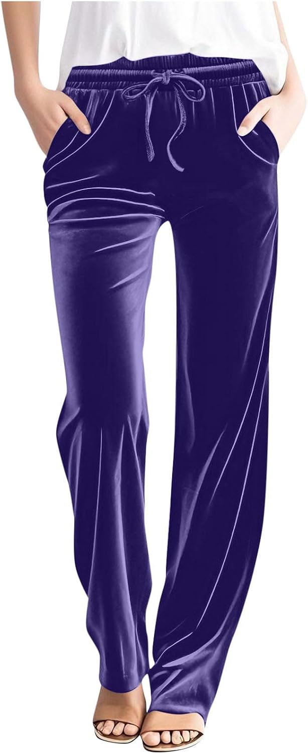 Women Velour Pants Elastic High Waisted Pants Straight Leg Velvet Trousers Comfy Soft Yoga Pants with Pockets Trendy