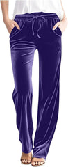 Women Velour Pants Elastic High Waisted Pants Straight Leg Velvet Trousers Comfy Soft Yoga Pants with Pockets Trendy