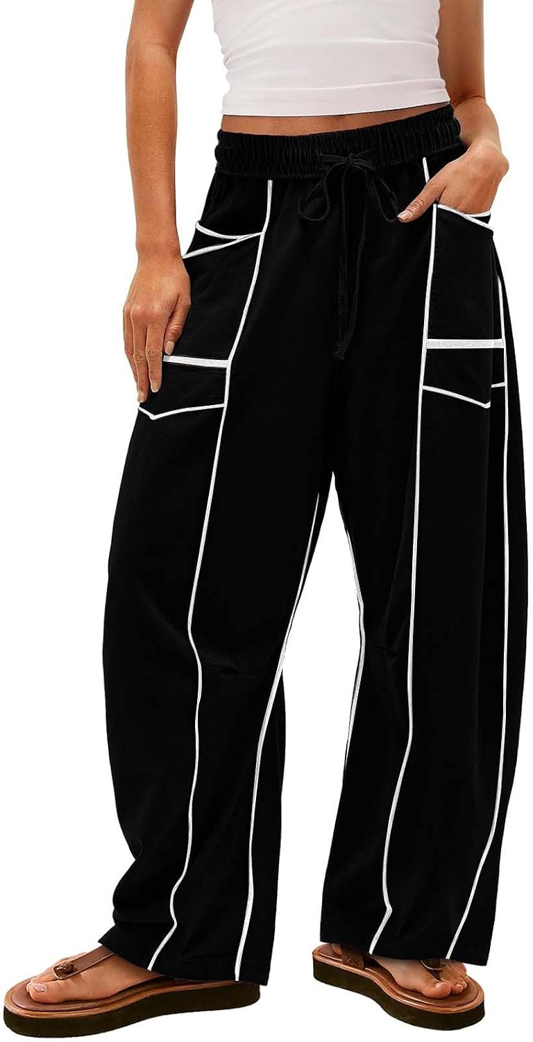 Womens Baggy Wide Leg Harem Pants Casual Summer Y2K Palazzo Pant Drawstring Elastic Waist Lounge Trouser with Pockets