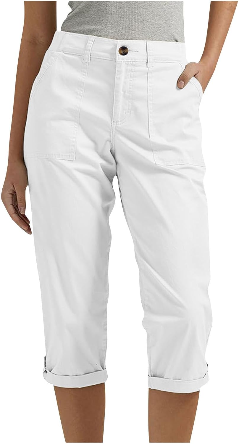 Capris for Women Dressy Casual Summer Elastic Waist Straight Leg Crop Pants Hiking Capri Joggers with Pockets
