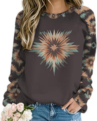 Crewneck Sweatshirts for Women Western Ethnic Style Long Sleeve Pullover Tops Aztec Print Fall Winter Sweatshirt