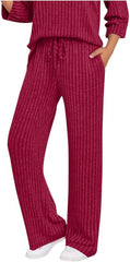 Womens Ribbed Knit Lounge Pants Elastic High Waist Loose Wide Leg Drawstring Pant Fall Comfy Solid Color Trousers