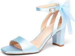 Coutgo Women's Bow Tie Heeled Sandals Chunky Heels One Strap Satin Ankle Buckle Dress Wedding Shoes