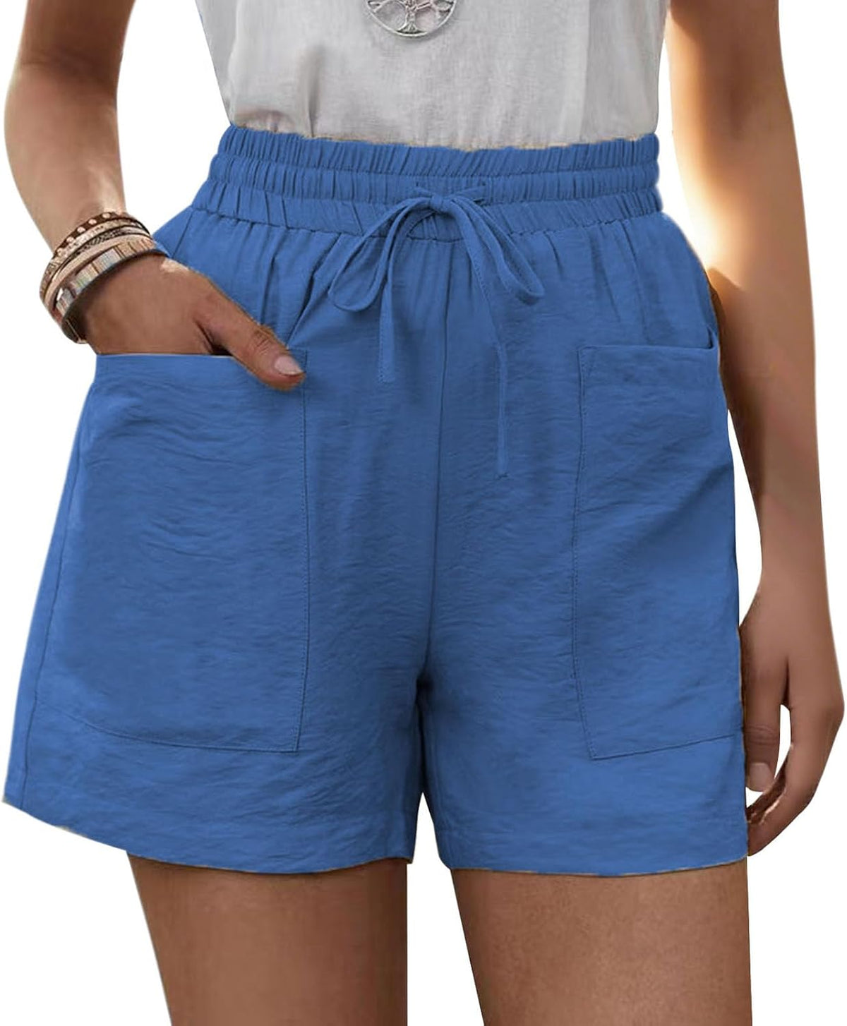 Summer Wide Leg Linen Shorts for Women Plus Size Drawstring High Waisted Elastic Casual Loose Fit Bermuda Shorts