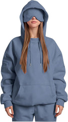 Hoodie with Eye Mask Built in Womens Sweatshirt Drawstring Travel Hoodies Long Sleeve Pullover Tops Pockets Sweaters