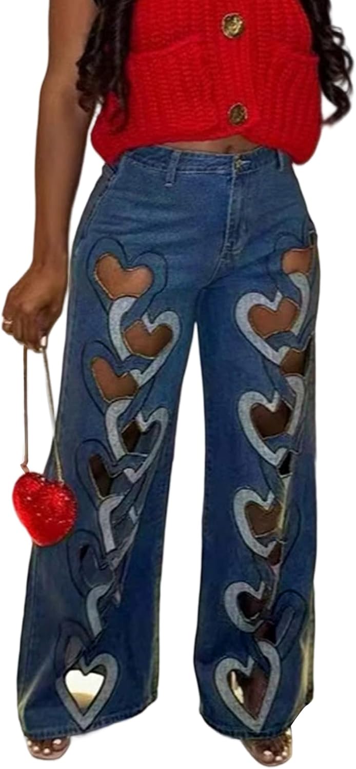 Wide Leg Jeans for Women,High Waisted Baggy Stretchy Heart Cutout Denim Pants with Pockets