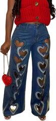 Wide Leg Jeans for Women,High Waisted Baggy Stretchy Heart Cutout Denim Pants with Pockets