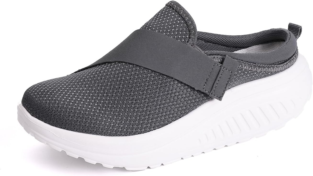 Women's Knit Platform Mules with Hook Loop Casual Lightweight Closed Round Toe Breathable Slip On Orthopedic Clogs Comfortable Arch Support Sports Walking Shoes
