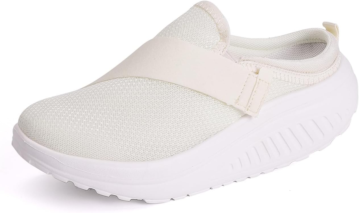 Women's Knit Platform Mules with Hook Loop Casual Lightweight Closed Round Toe Breathable Slip On Orthopedic Clogs Comfortable Arch Support Sports Walking Shoes