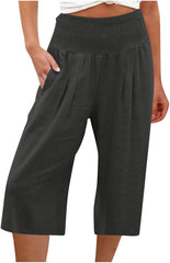 Cotton Cropped Pants for Women Casual Loose Fit Wide Leg Capri Plus Size Soft Elastic Waist Trousers with Pockets